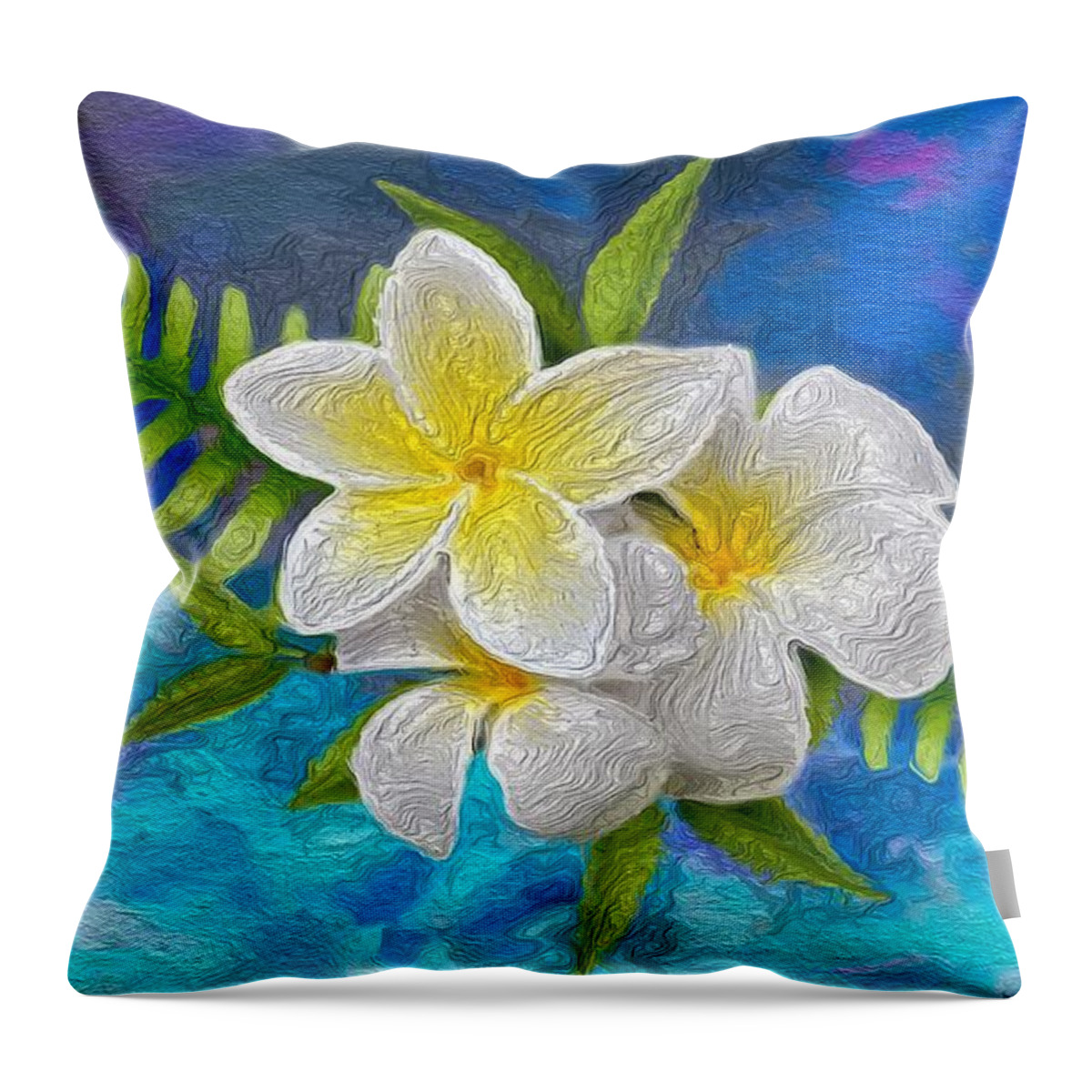 Flowers Throw Pillow featuring the mixed media White Lilies on Blue Abstract by Anas Afash