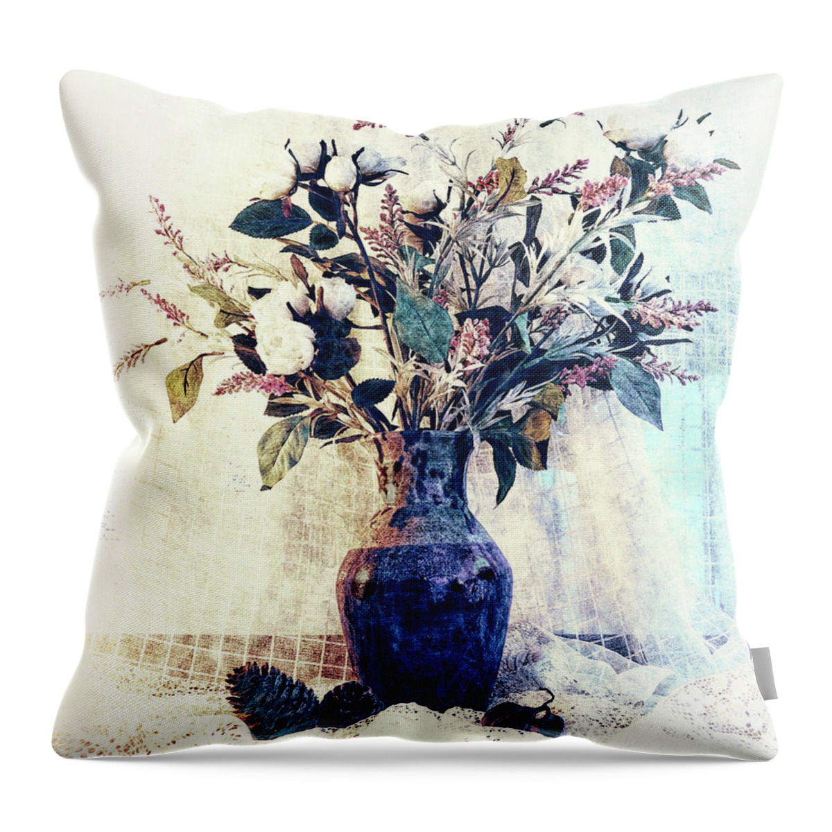 Still Life Throw Pillow featuring the photograph White Roses and Pine Cones by Sandra Selle Rodriguez