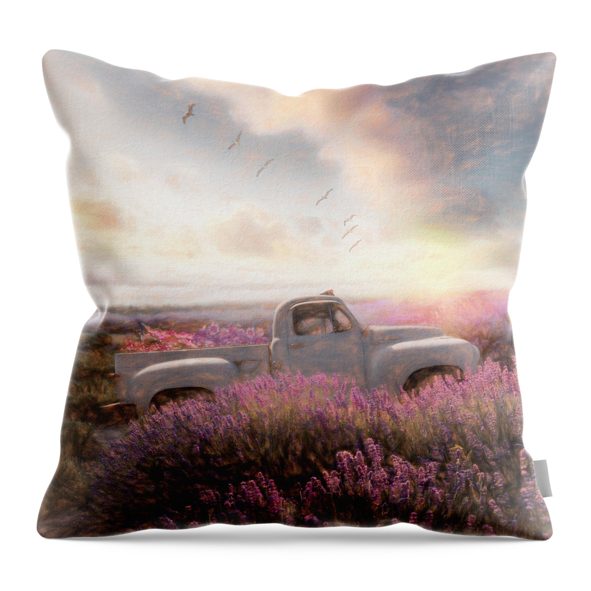 Barn Throw Pillow featuring the photograph White Truck in the Flower Fields Painting by Debra and Dave Vanderlaan