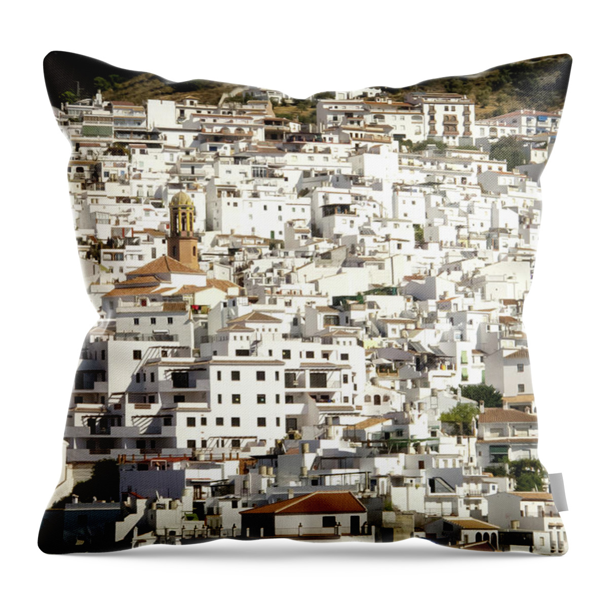 Spain Throw Pillow featuring the digital art White Village Competa Spain by Naomi Maya