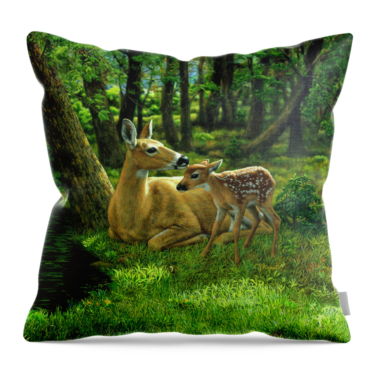 Deer Throw Pillow featuring the painting Whitetail Deer - First Spring by Crista Forest