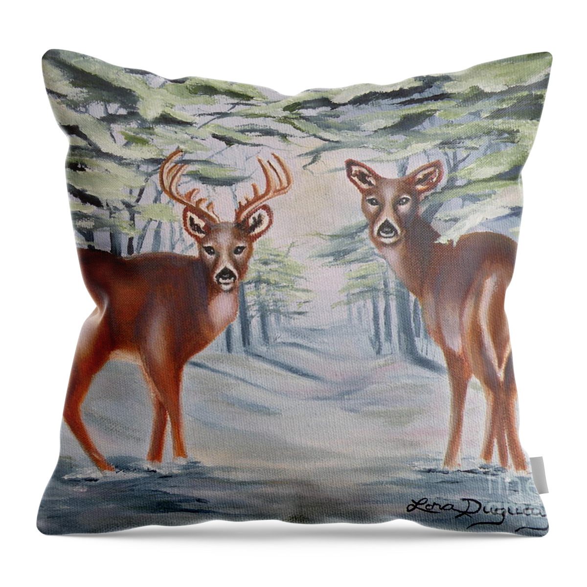 Deer Throw Pillow featuring the painting Whitetail Deer in Winter by Lora Duguay