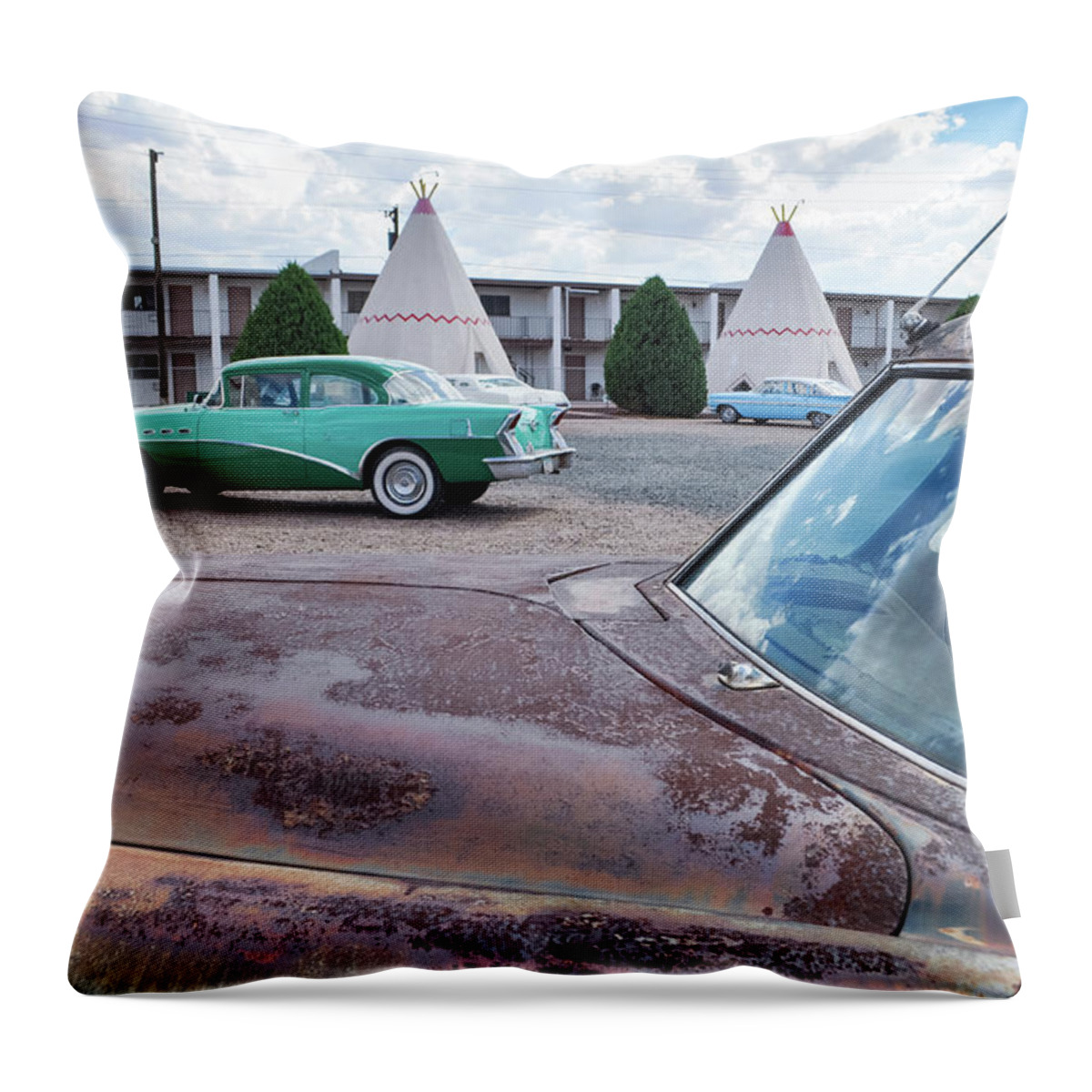 Wigwam Motel Throw Pillow featuring the photograph Wigwam Motel Route 66 Classic Car by Kyle Hanson