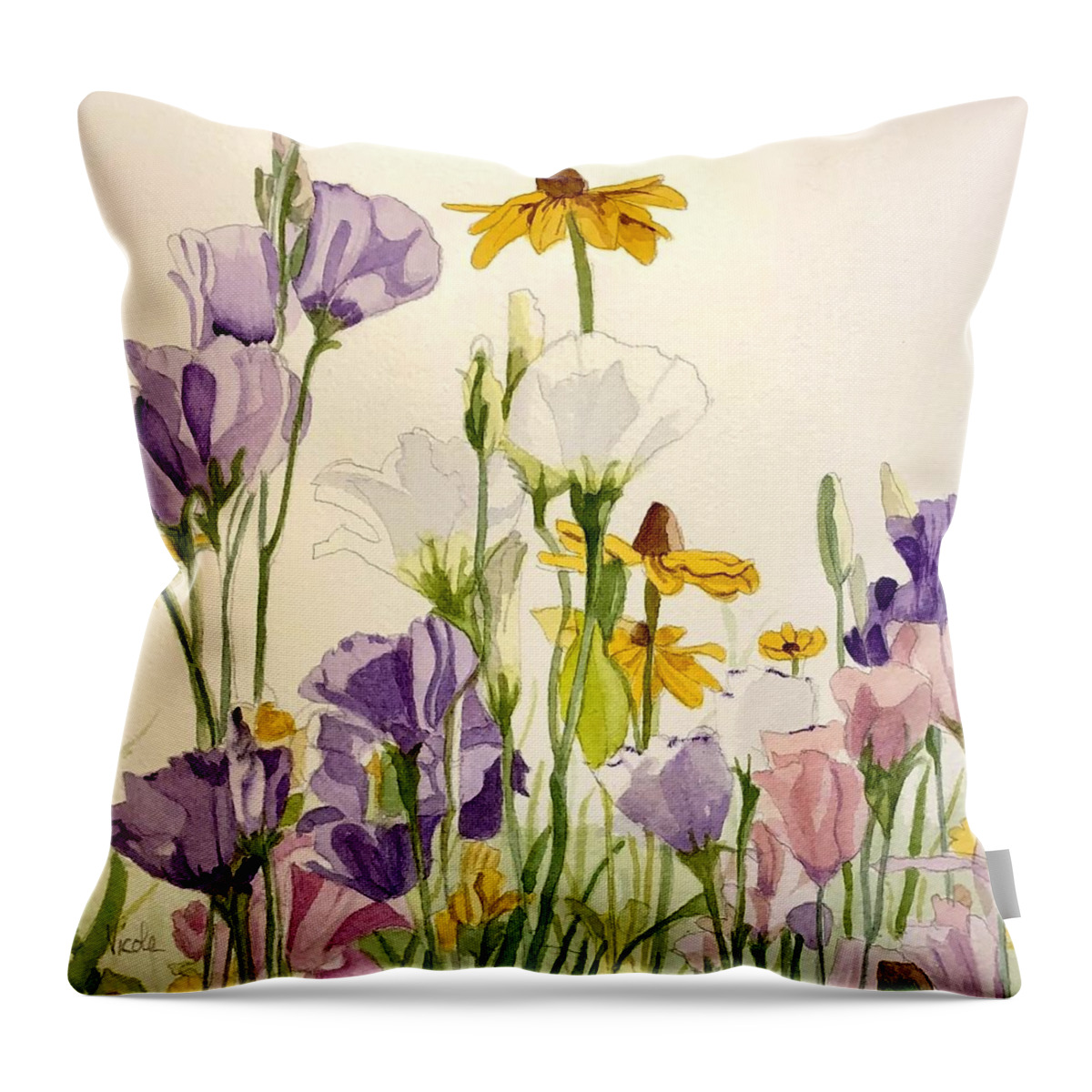 Lisianthus Throw Pillow featuring the painting Wild flowers by Nicole Curreri