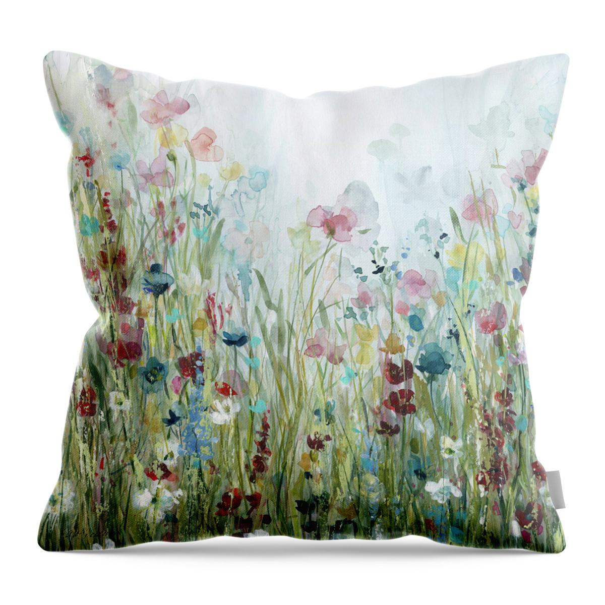 Soft Blue Pink Cranberry Yellow Teal Wildflower Meadow Contemporary Mixed Media Watercolor Vivid Floral Throw Pillow featuring the painting Wild Meadow by Carol Robinson