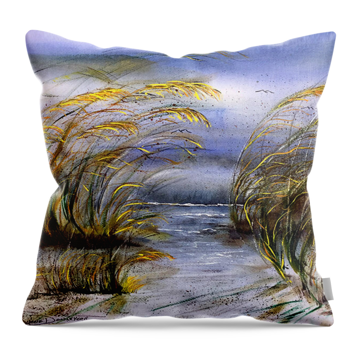 Watercolor Throw Pillow featuring the painting Wild Sea Oats on Outer Banks of North Carolina by Catherine Ludwig Donleycott