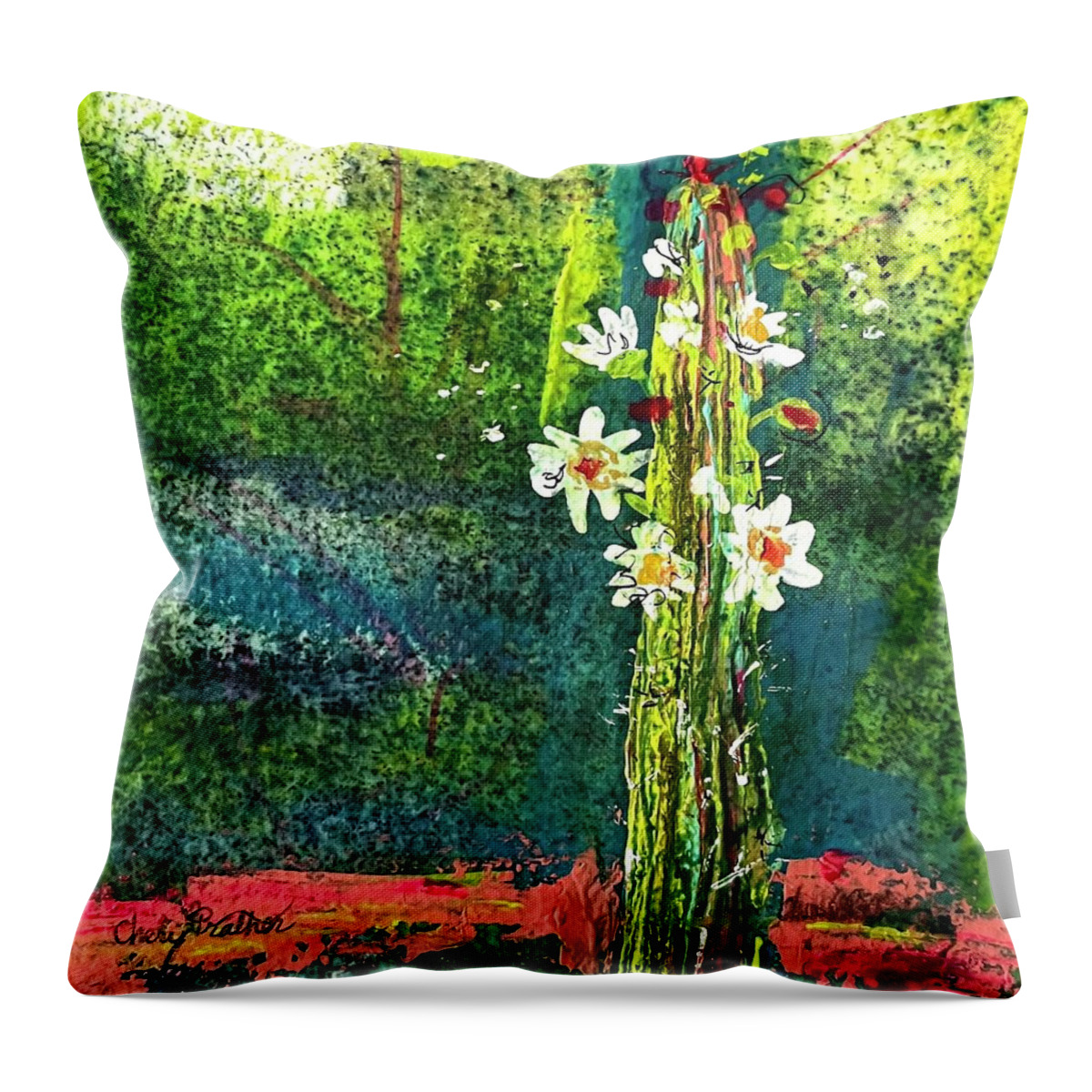 Saguaro Throw Pillow featuring the painting Wild Thing-Cactus Flowers by Cheryl Prather