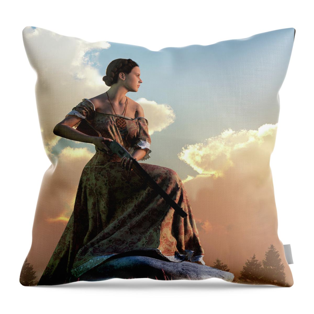 Woman Throw Pillow featuring the digital art Wild West Woman with Rifle by Daniel Eskridge