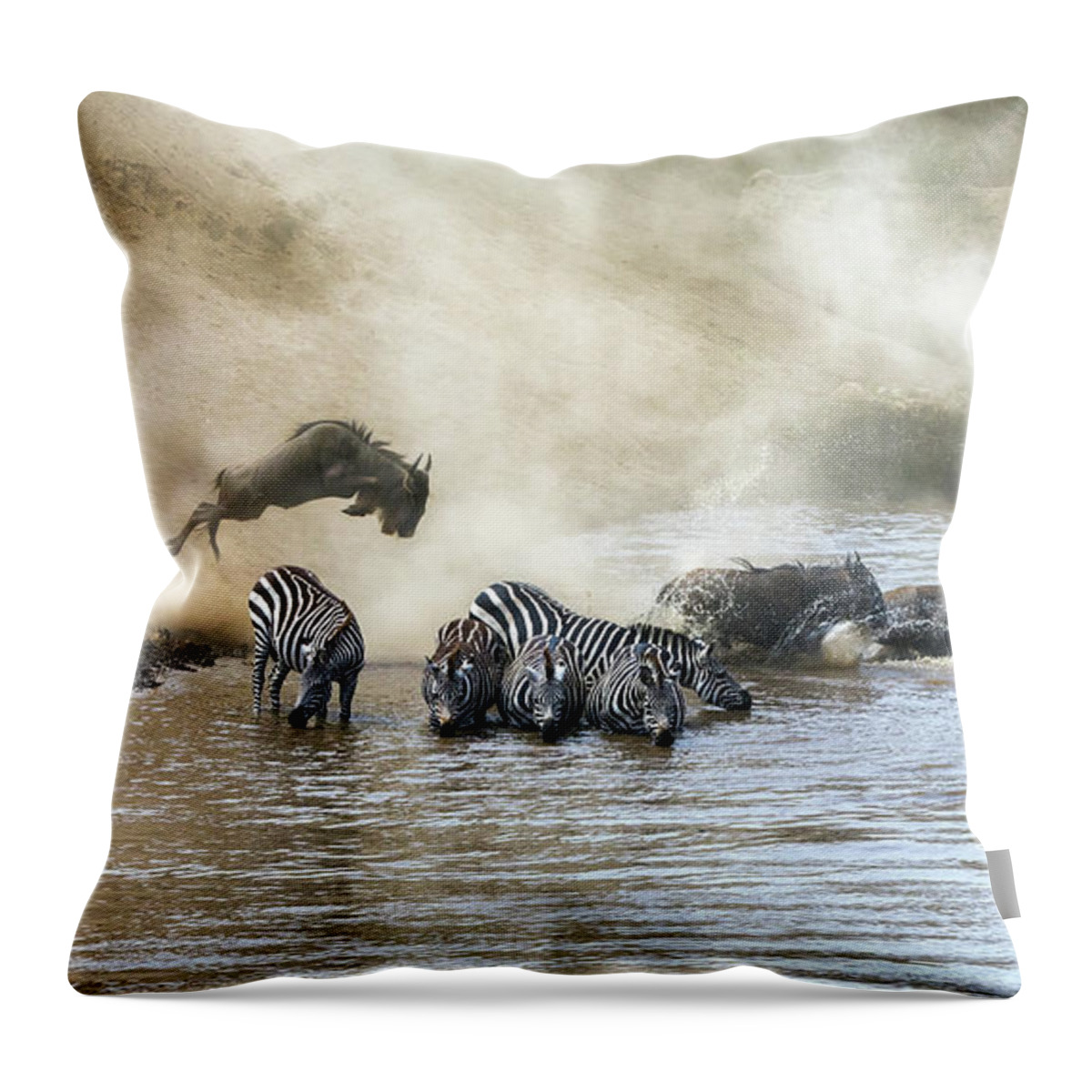 Motion Throw Pillow featuring the photograph Wildebeest and zebra cross the Mara River during the annual gre by Jane Rix