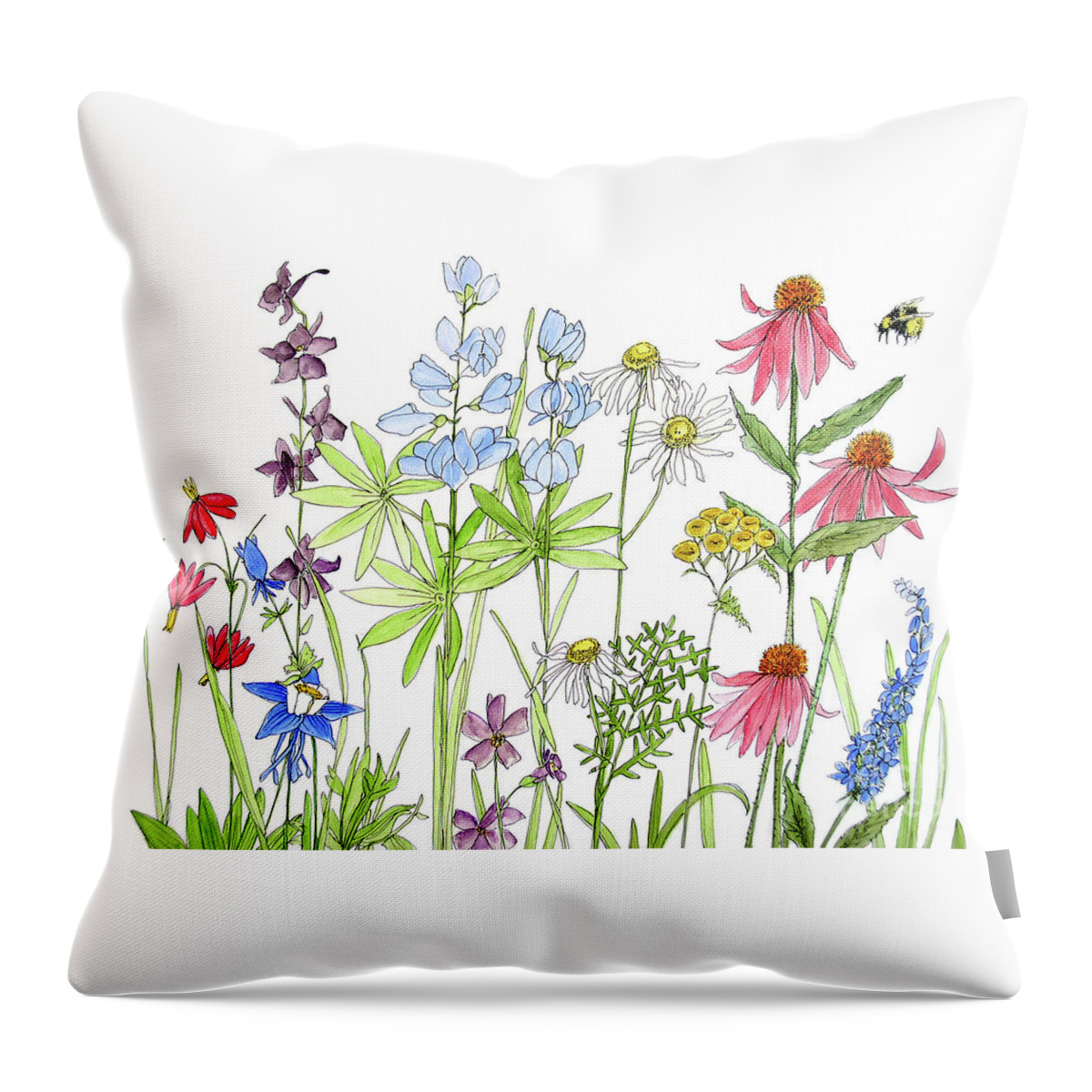 Wildflowers Throw Pillow featuring the painting Wildflowers with Bee by Laurie Rohner