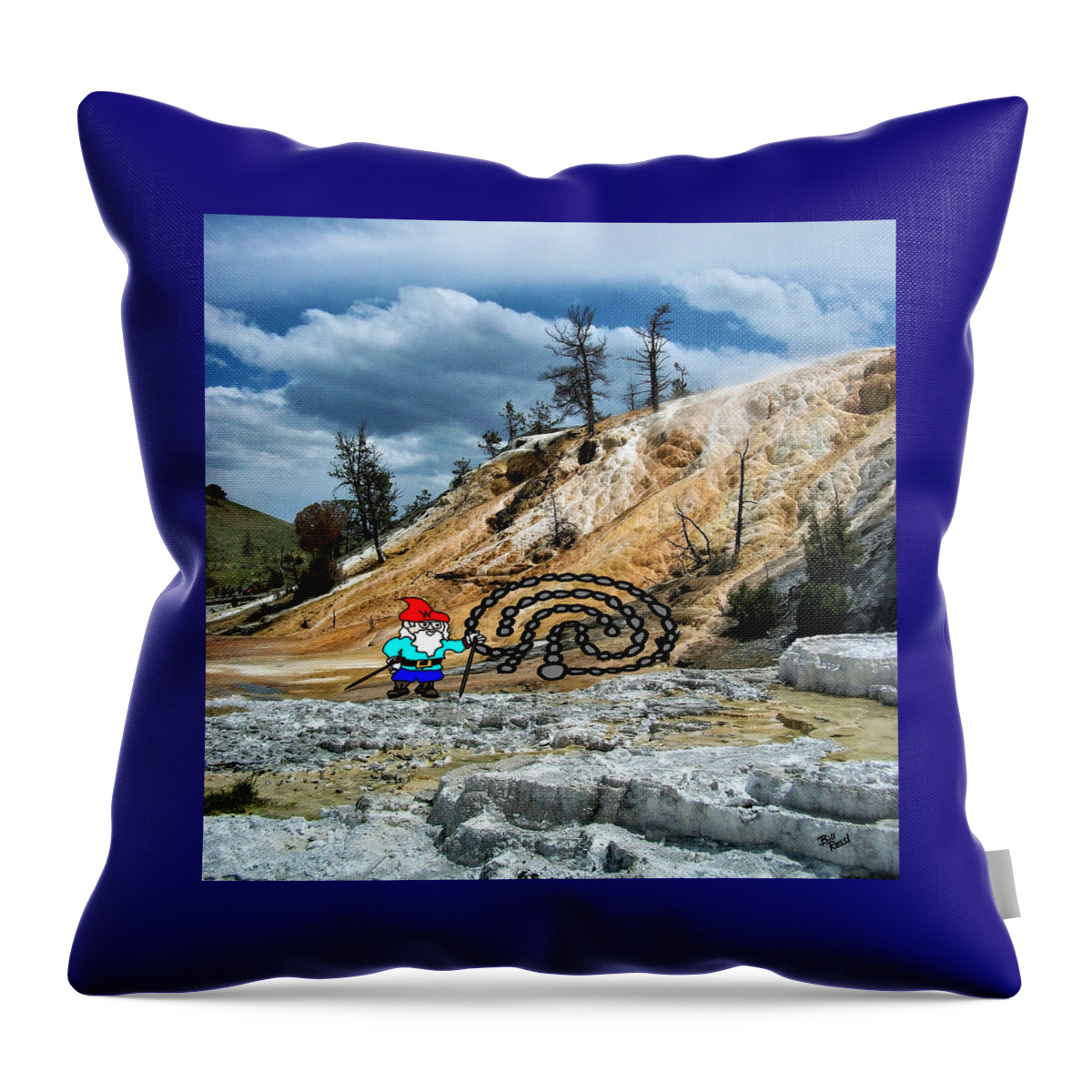 Gnome Throw Pillow featuring the digital art Will the Wandering Gnome Explores Yellowstone Part 1 - Gnome Art - Eco Art by Bill Ressl