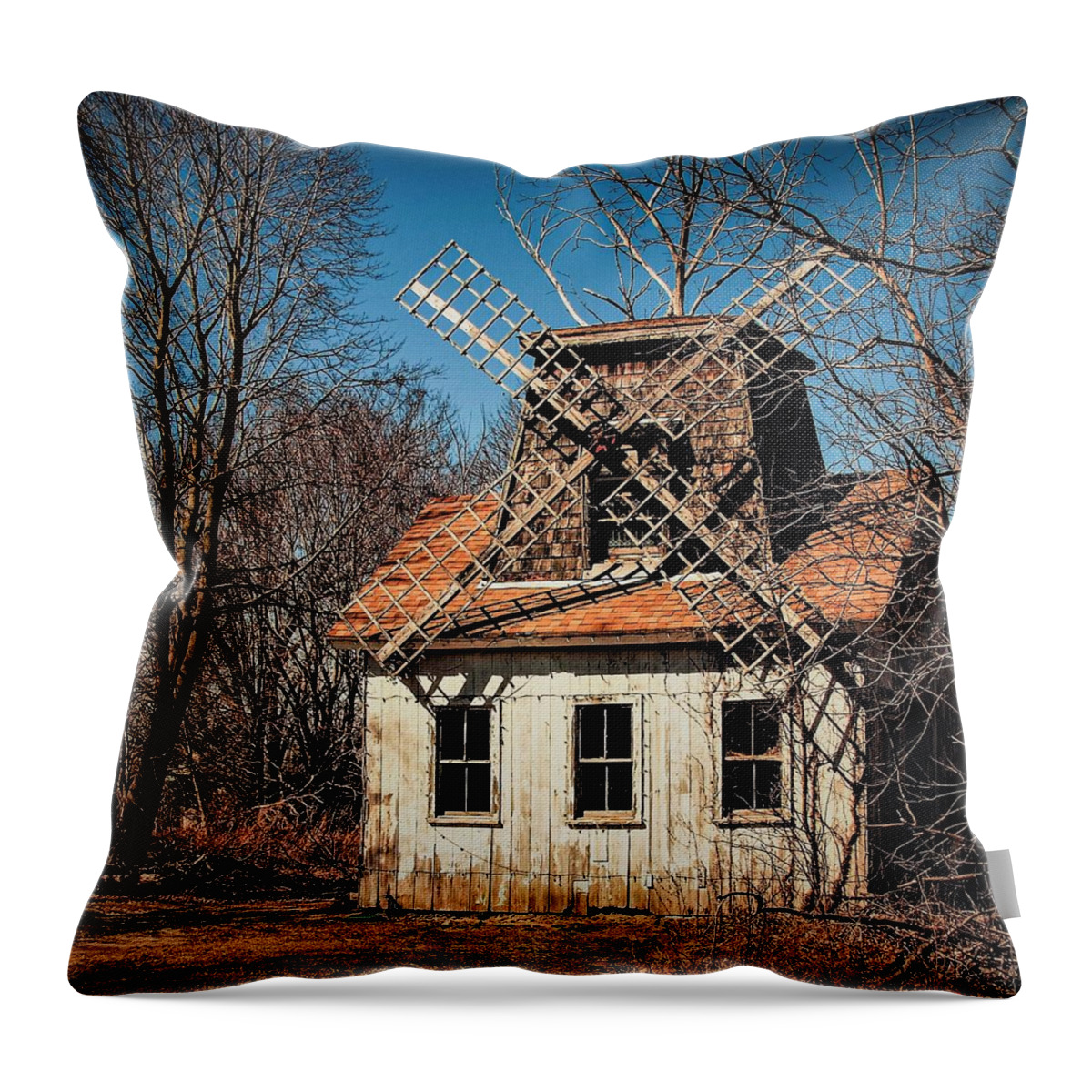 Wind Mill Wood House Tree Throw Pillow featuring the photograph Wind Mill1 by John Linnemeyer