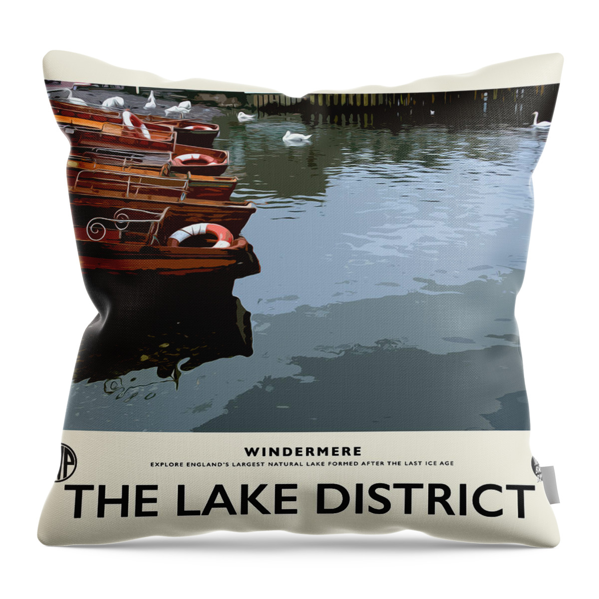 Lake Windermere Throw Pillow featuring the photograph Windermere Swans Cream Railway Poster by Brian Watt