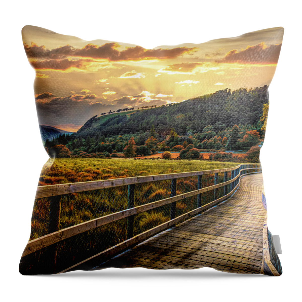 Clouds Throw Pillow featuring the photograph Winding Through the Glendalough Valley in Autumn by Debra and Dave Vanderlaan
