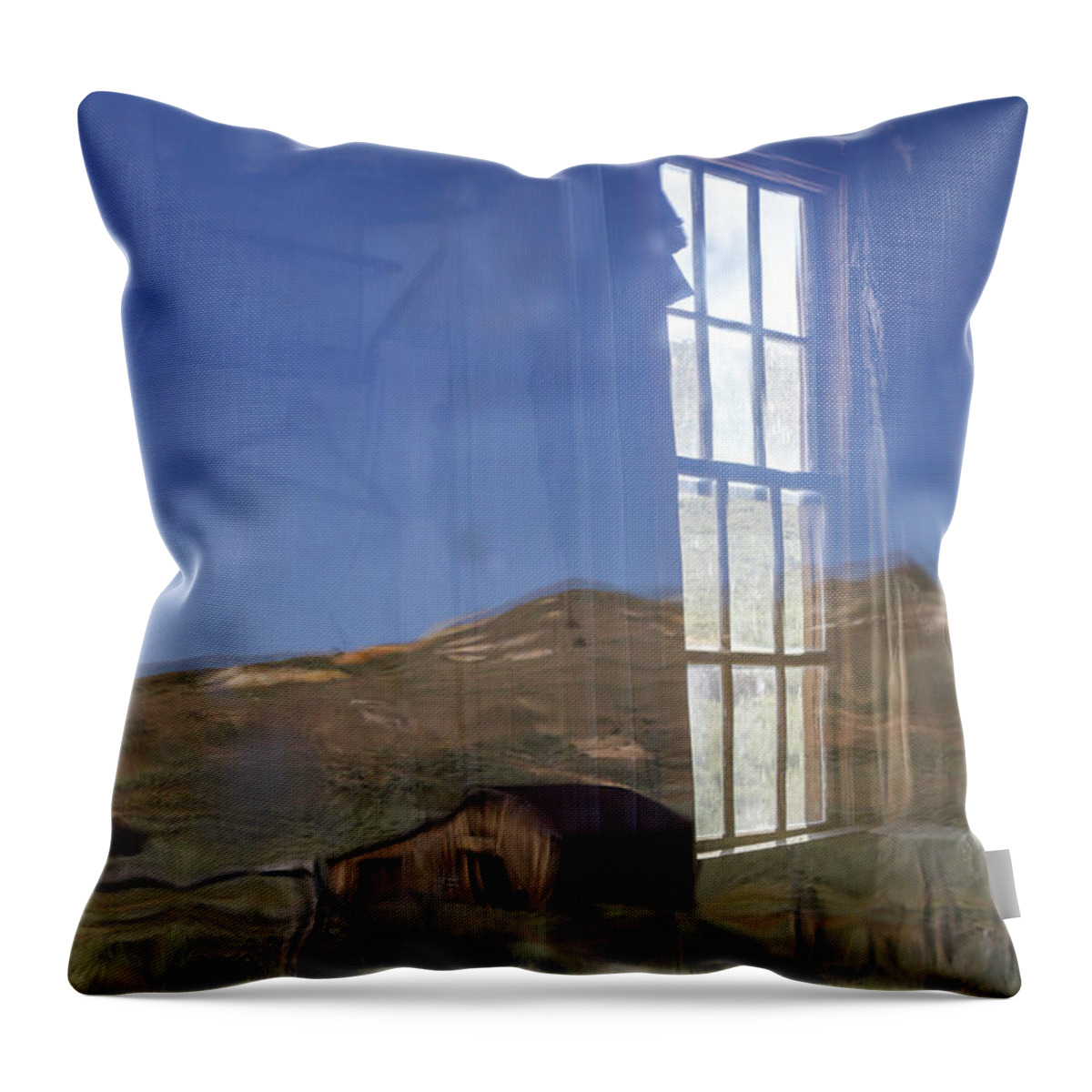 Bodie Throw Pillow featuring the photograph Windows and Reflections in Bodie - 1 by Cheryl Strahl