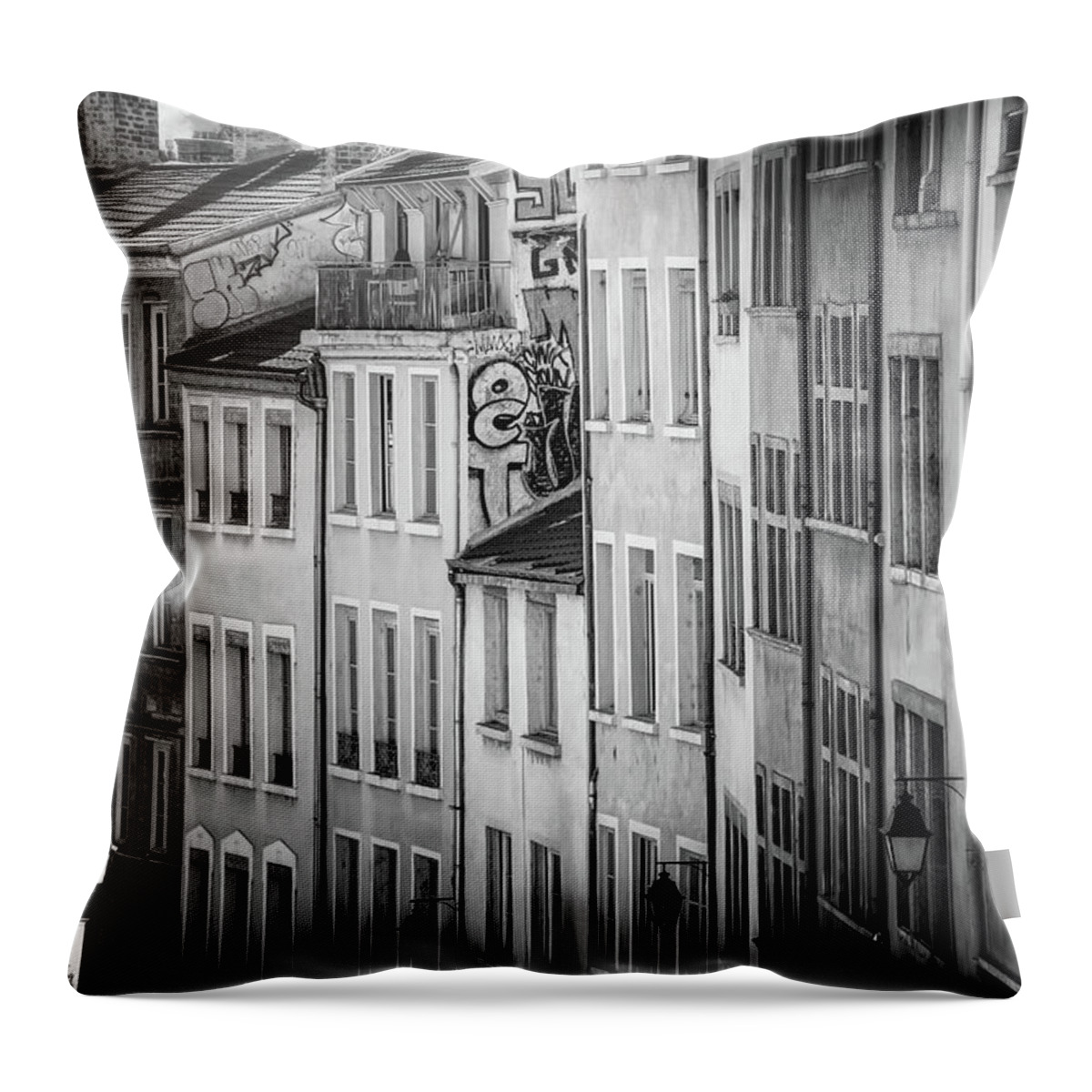 Lyon Throw Pillow featuring the photograph Windows of Old Lyon France Black and White by Carol Japp