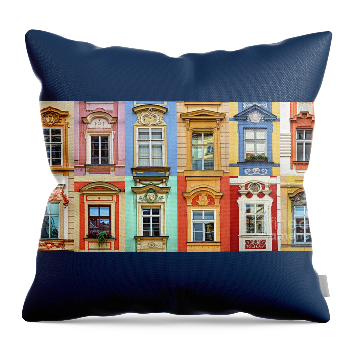 Prague Throw Pillow featuring the photograph Windows of Prague, colorful collage by Delphimages Photo Creations