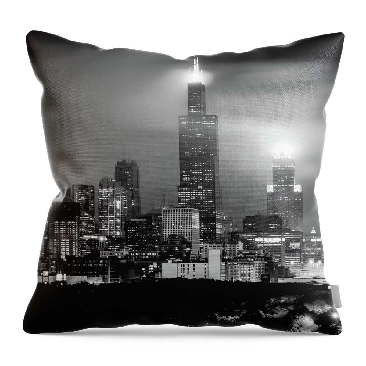 Chicago Skyline Throw Pillow featuring the photograph Windy City Skyline in Black and White - Chicago Illinois 1x1 by Gregory Ballos