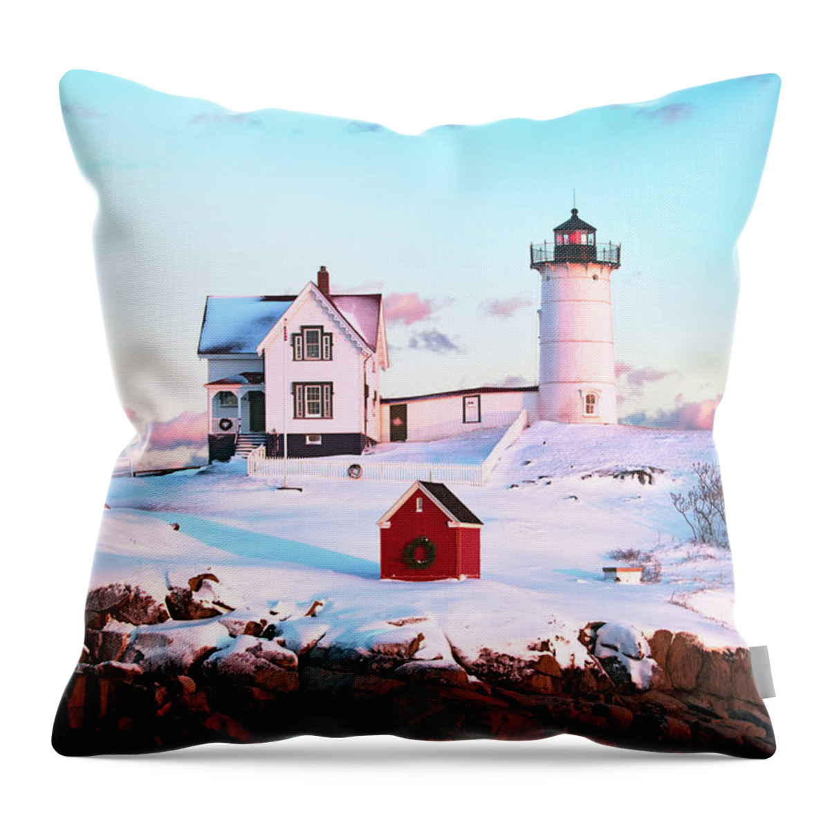 Nubble Throw Pillow featuring the photograph Winter at Nubble by Eric Gendron