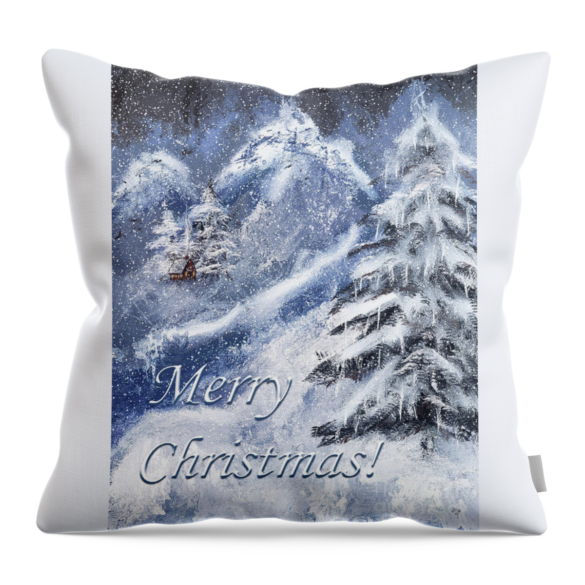 Christmas Throw Pillow featuring the digital art Winter Cabin Merry Christmas by Lois Bryan