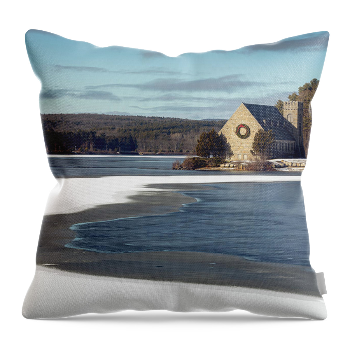 Old Stone Church W. Boylston West Wreath Winter Ice Snow Winter Sky Tear Brian Hale Brianhalephoto Throw Pillow featuring the photograph Winter Church by Brian Hale