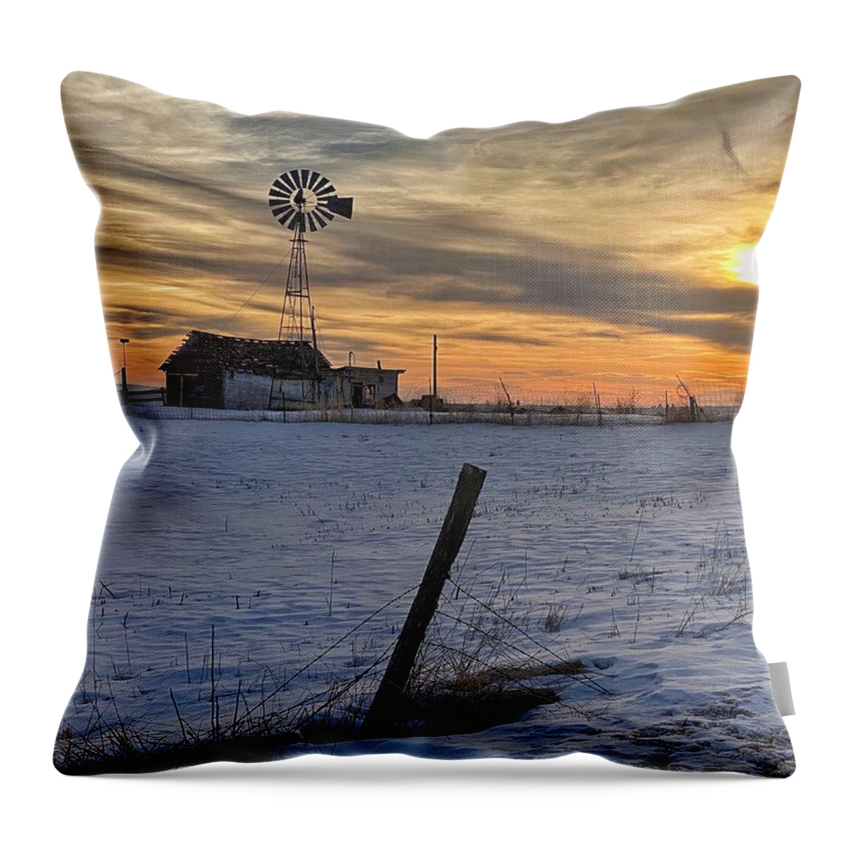 Abandoned Farm Buildings Throw Pillow featuring the photograph Winter Desolation at Sunset by Jerry Abbott