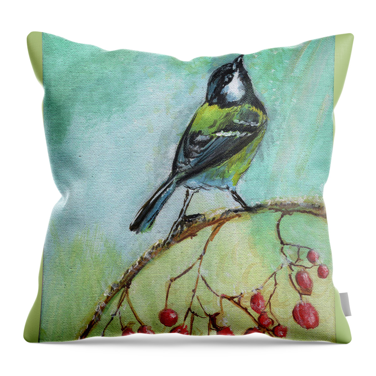 Bird Throw Pillow featuring the painting Winter green bird by Remy Francis
