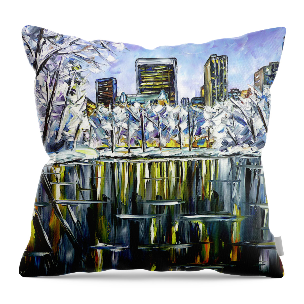 New York In Winter Throw Pillow featuring the painting Winter In Central Park by Mirek Kuzniar