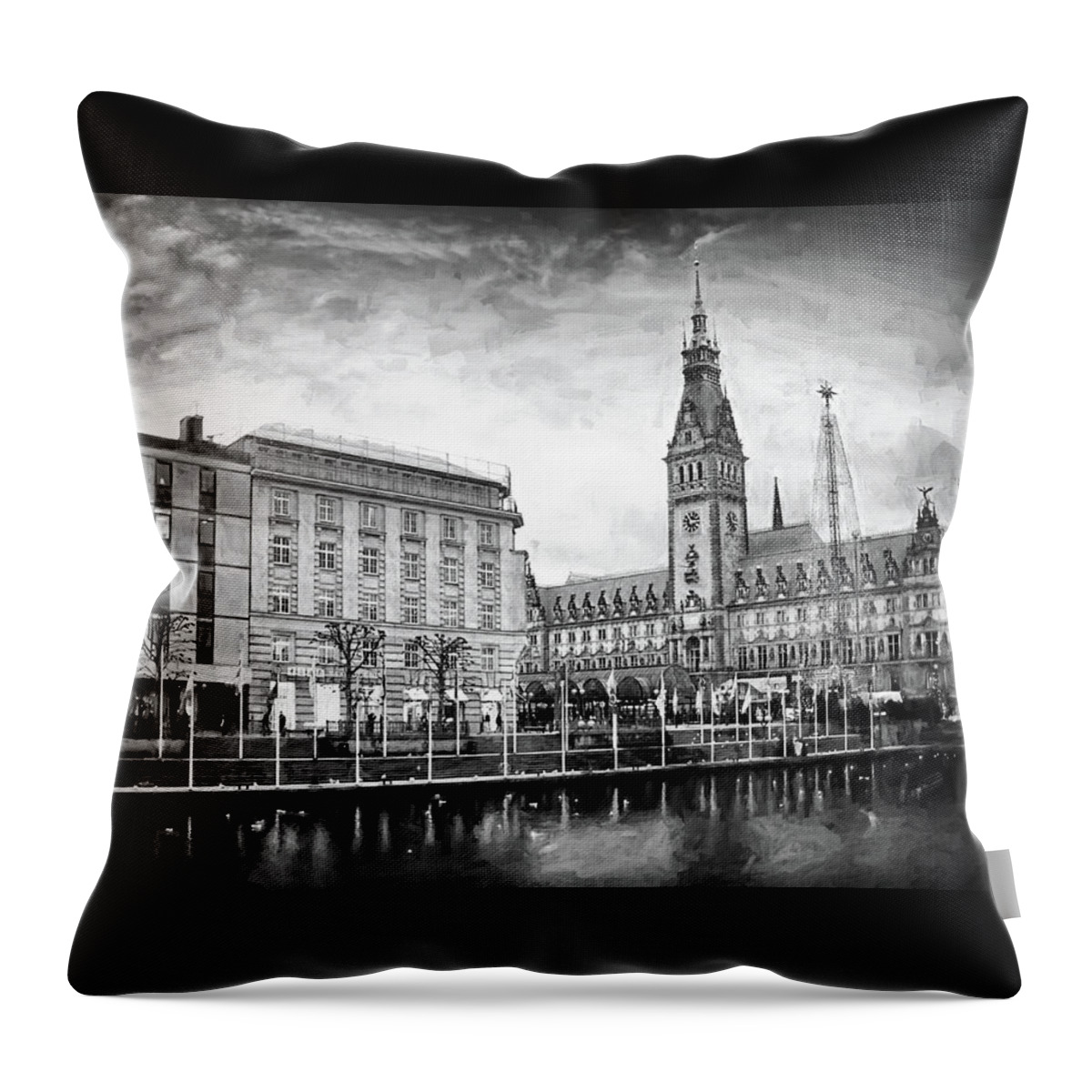 Hamburg Throw Pillow featuring the photograph Winter in Hamburg Germany Black and White by Carol Japp