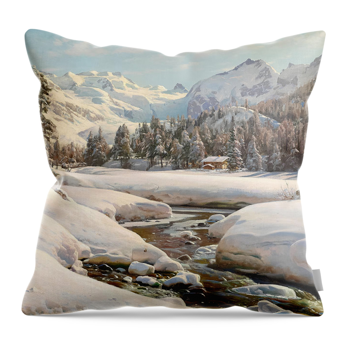 Sunlit Throw Pillow featuring the painting Winter landscape in Switzerland near Engadin by Peder Monsted