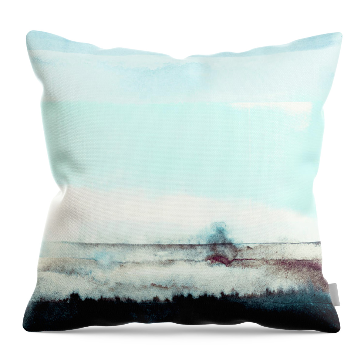 Abstract Throw Pillow featuring the painting Winter Mountain Mist - Abstract Landscape Panting In Blue White Brown and Indigo Colors by Modern Abstract
