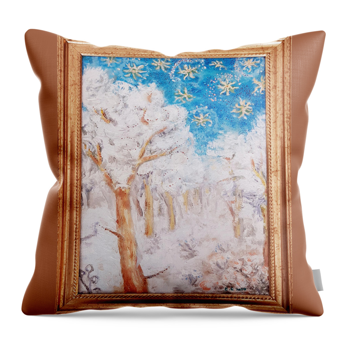 Winter Oil Landscape In A Golden Frame. Throw Pillow featuring the painting Winter oil landscape in a golden frame. by Elzbieta Goszczycka