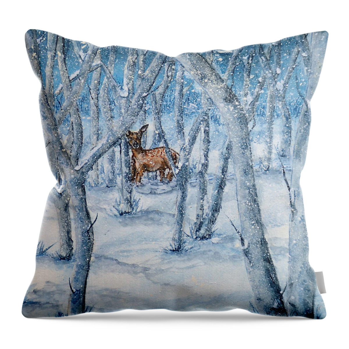 Deer Throw Pillow featuring the painting Winter Snow Embraces a Deer by Kelly Mills
