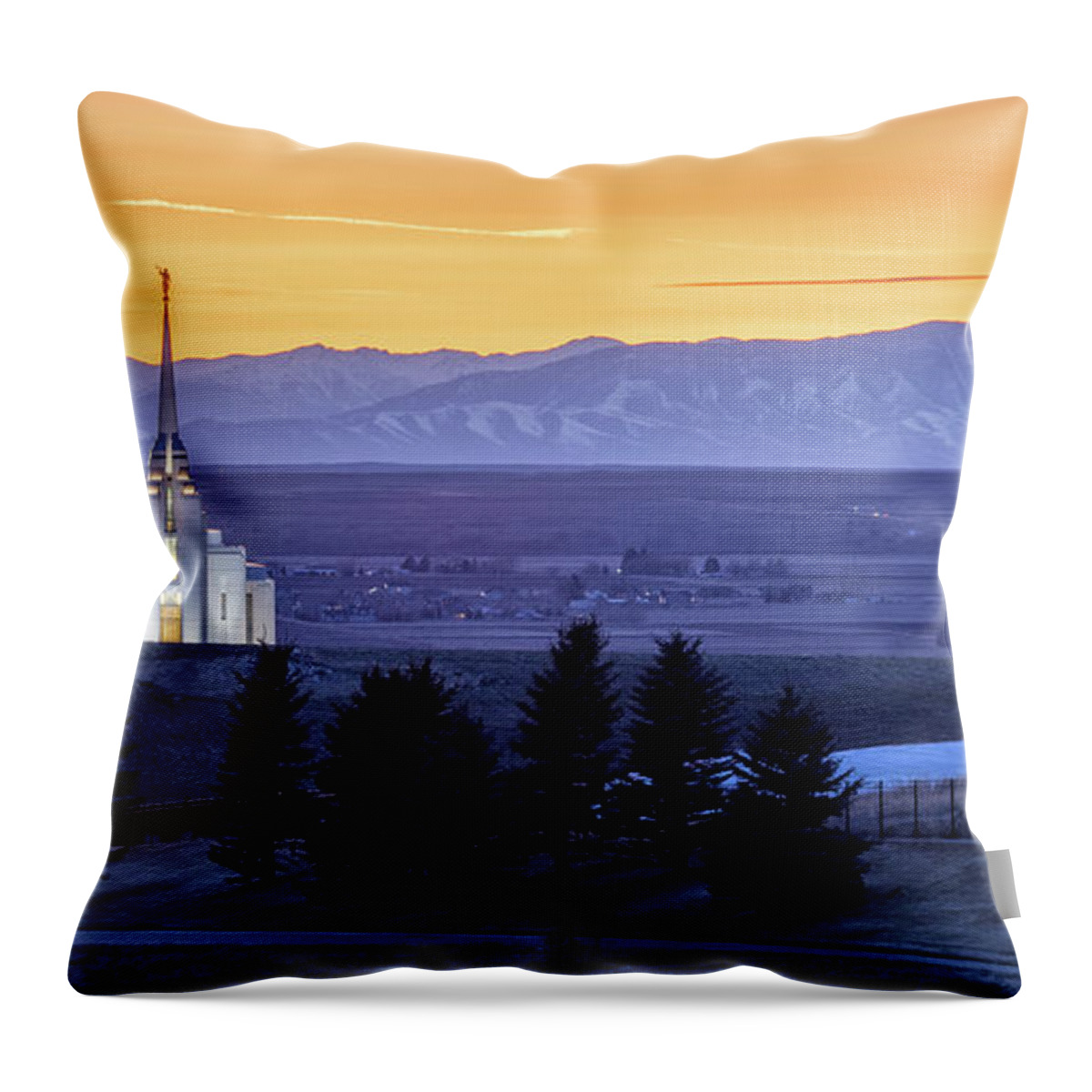 Panorama Throw Pillow featuring the photograph Winter Sunset - Rexburg Idaho Temple by Bret Barton