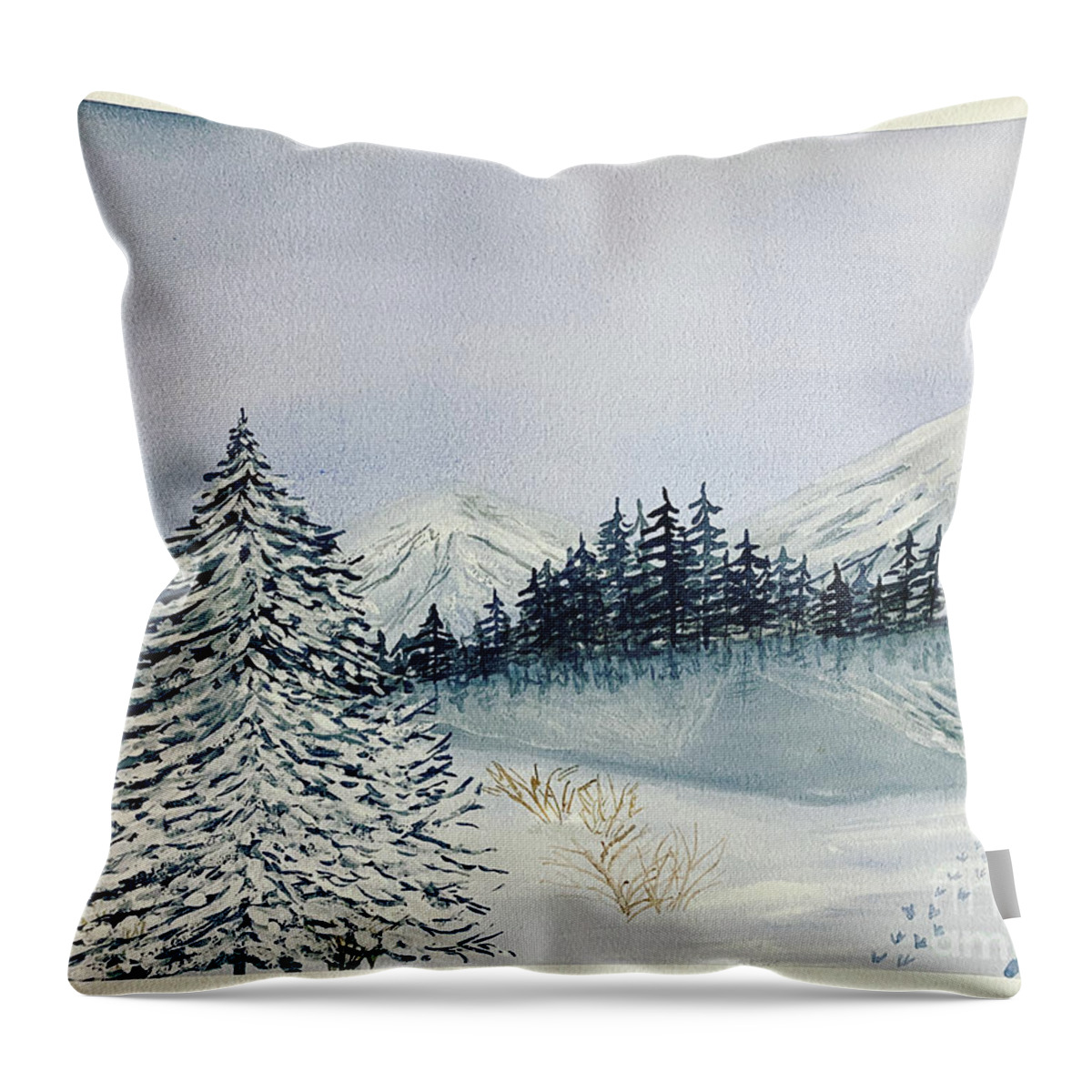 Winter Throw Pillow featuring the painting Winter Tree and Mountains by Lisa Neuman