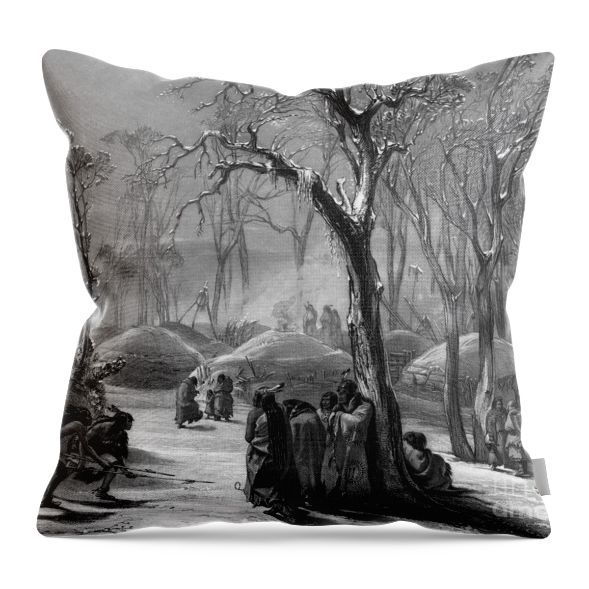 1840 Throw Pillow featuring the drawing Winter Village, c1840 by Karl Bodmer