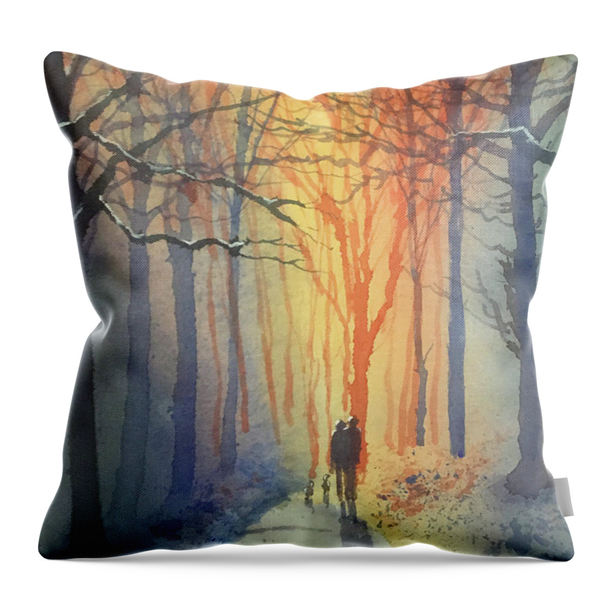 Watercolour Throw Pillow featuring the painting Winter Walk in Sledmere Woods by Glenn Marshall