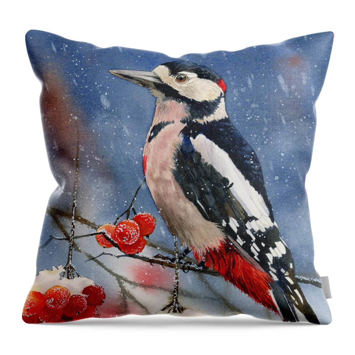 Bird Throw Pillow featuring the painting Winter Woodpecker by Espero Art