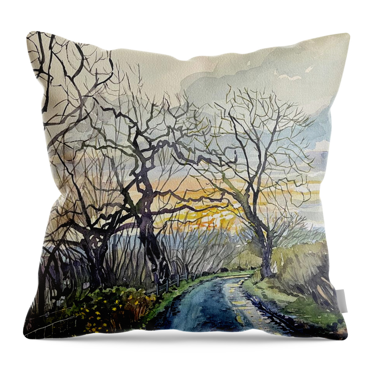 çwinter Throw Pillow featuring the painting Winter's Lane Herefordshire by Luisa Millicent