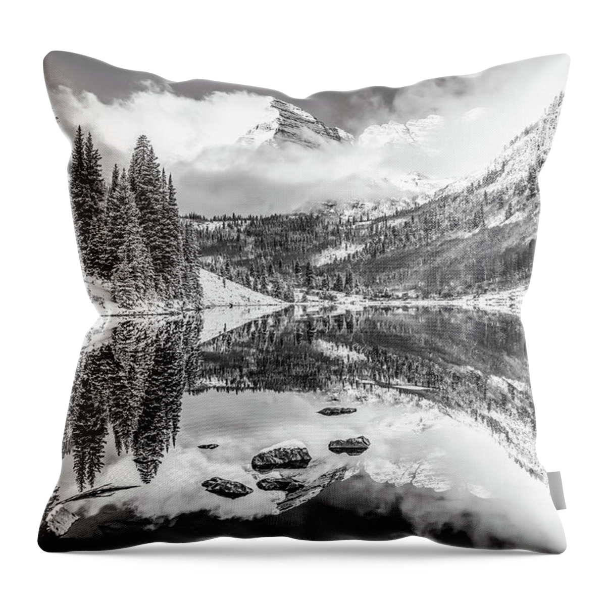 Aspen Throw Pillow featuring the photograph Winter's Whisper At Maroon Bells - Black And White by Gregory Ballos