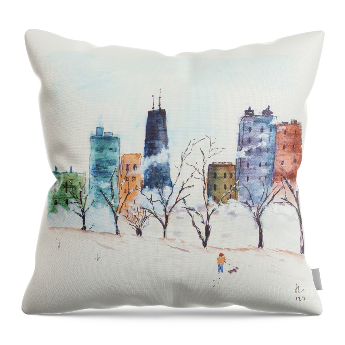Wintery Throw Pillow featuring the painting Wintery Chicago by Loretta