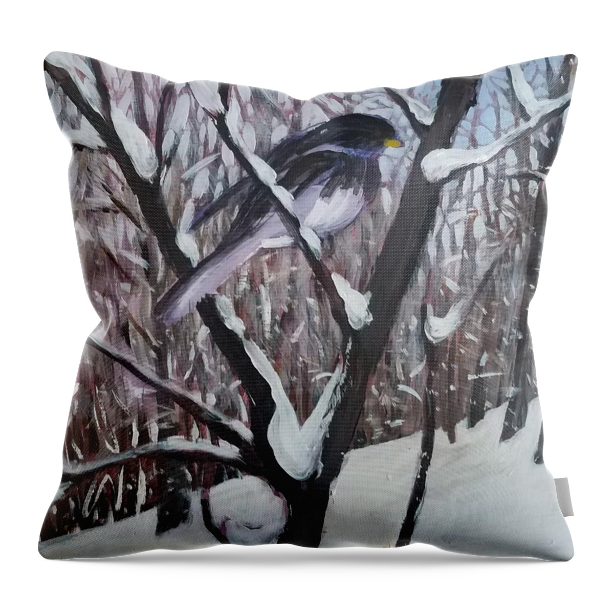 Bird Throw Pillow featuring the painting Wintry Bird by Tilly Strauss