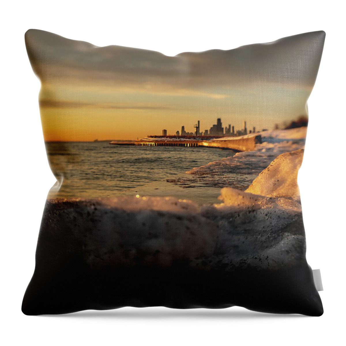 Sun Ri Se Throw Pillow featuring the photograph Wintry Chicago skyline at sunrise by Sven Brogren