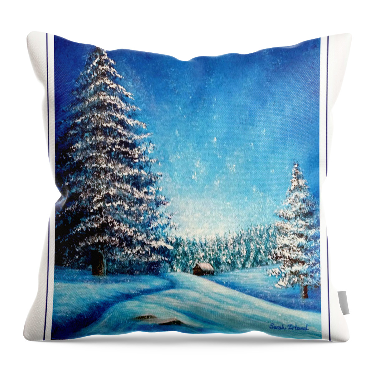 Holiday Throw Pillow featuring the painting Wintry Light - Seasons Greetings by Sarah Irland
