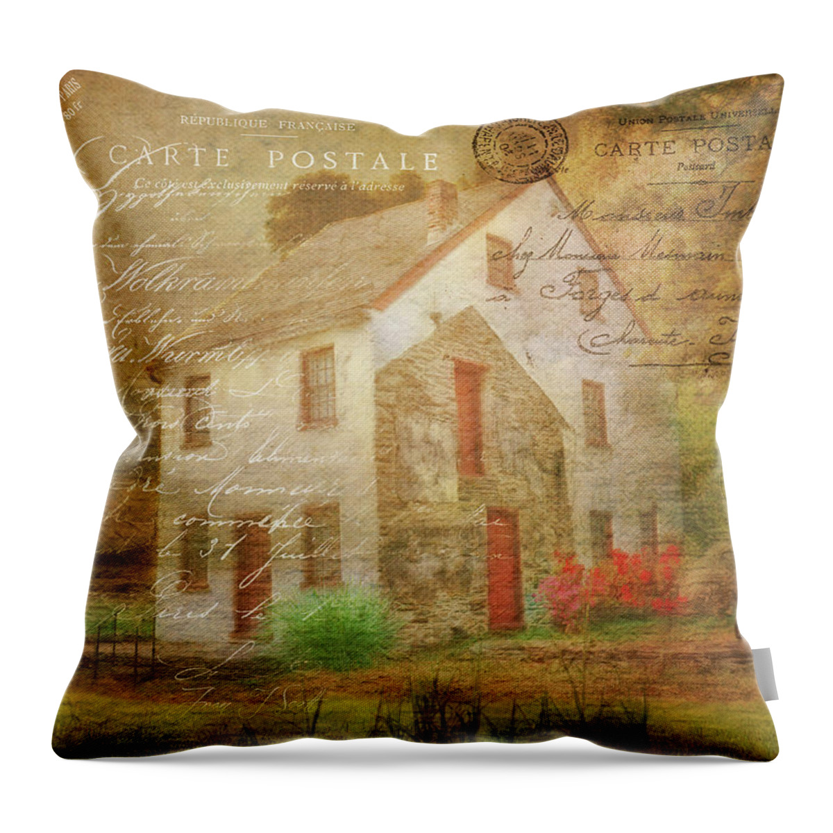 Postcard Throw Pillow featuring the mixed media Wish you were here by Fran J Scott