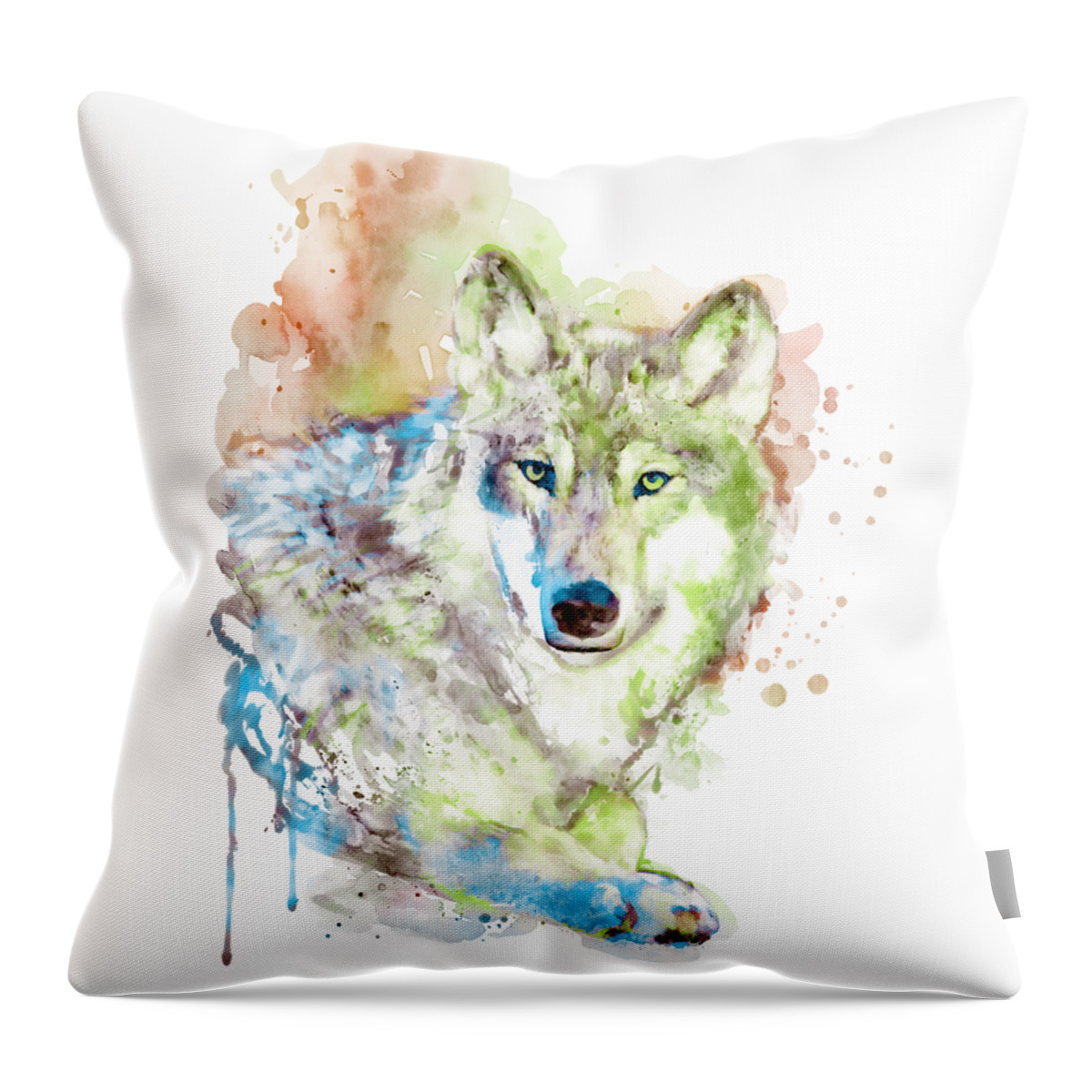 Wolf Throw Pillow featuring the painting Wolf face watercolor by Marian Voicu