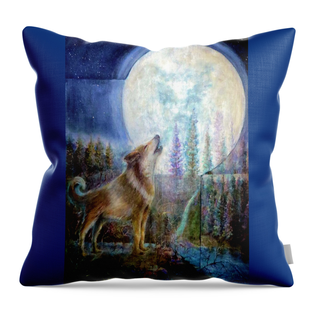 Wolf Throw Pillow featuring the painting Wolf Howling and Full Moon by Bernadette Krupa