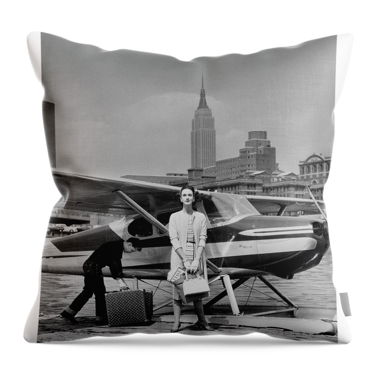 Woman By A Seaplane Throw Pillow