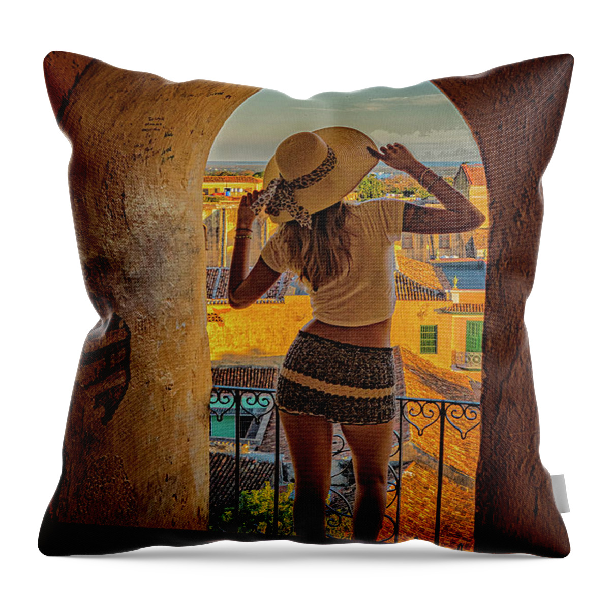 Havana Cuba Throw Pillow featuring the photograph Woman In Tower Window by Tom Singleton