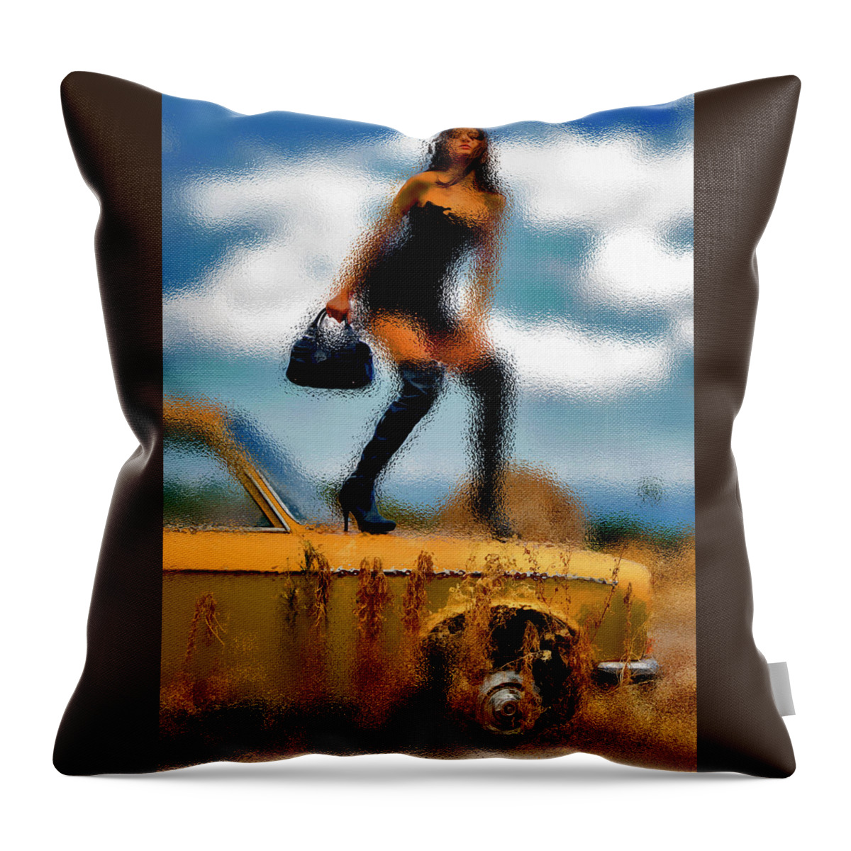 Abandoned Throw Pillow featuring the photograph Woman on abandoned car by Al Fio Bonina
